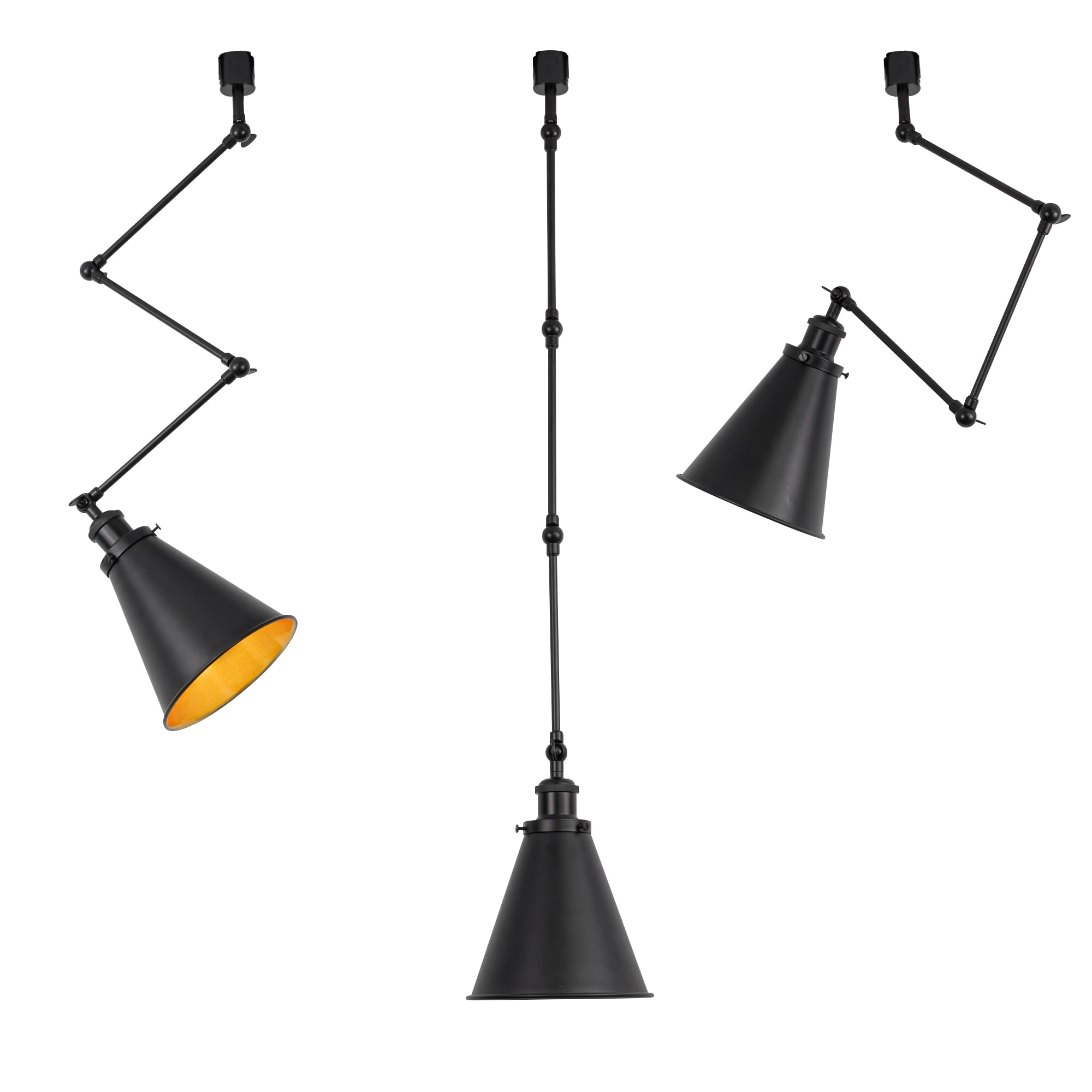 FSLiving H-Type Track Light Adjustable Arm Mini Spotlight Vintage Design Black Metal Gold Inner Cone Shade Ceiling Pendants for Wall Painting Kitchen Store,Customizable - Set of 3