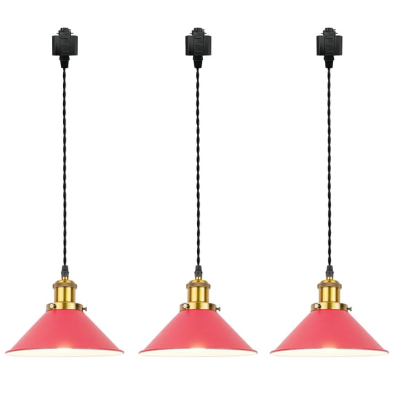 FSLiving H Type Track Lighting Pendants Antique Brass Socket Metal Cone Red Shade Modern Vintage Style, Dimmable Track Mount Pendant Lights Decorate for Kitchen Island Customizable 3.2ft