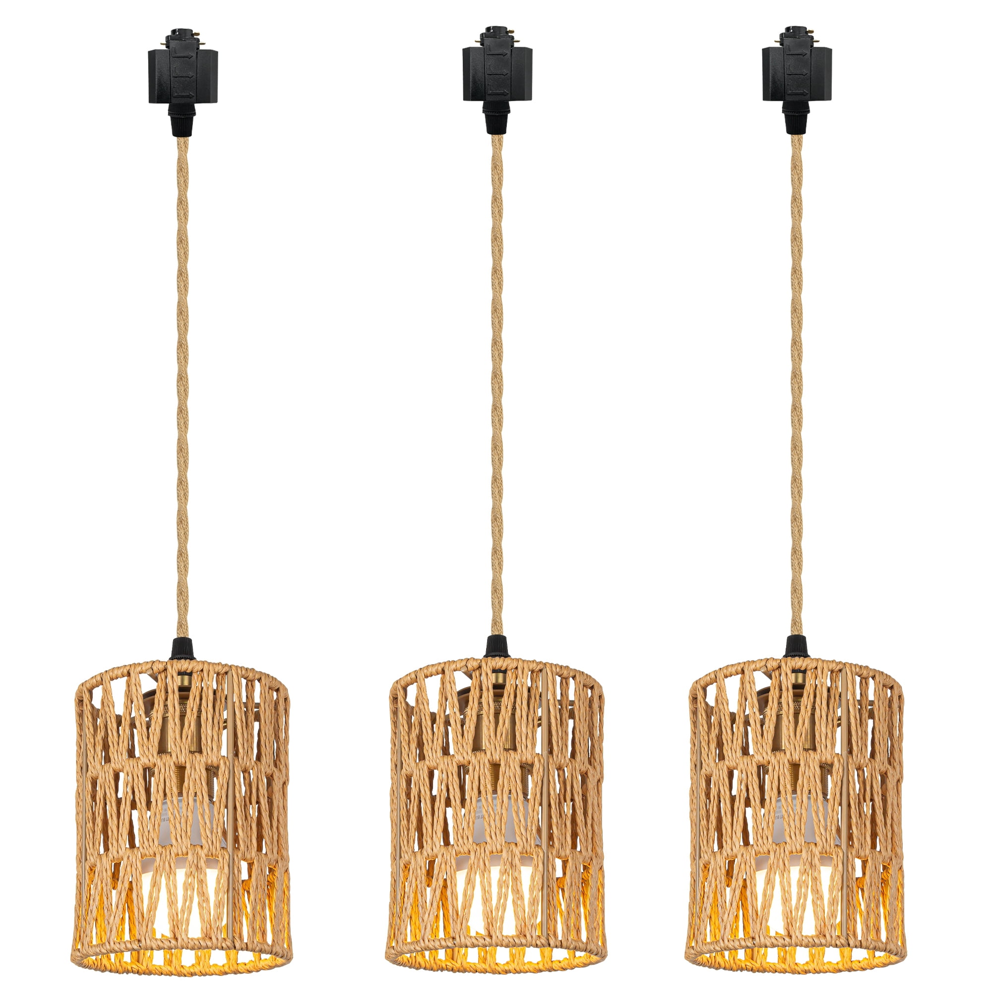 FSLiving H Type Track Lighting Pendants Twine Natural Rattan Shade Modern Vintage Style, Dimmable E26 Socket Track Mount Pendant Lights Decorate for Kitchen Island Customizable 3.2ft - Set of 3