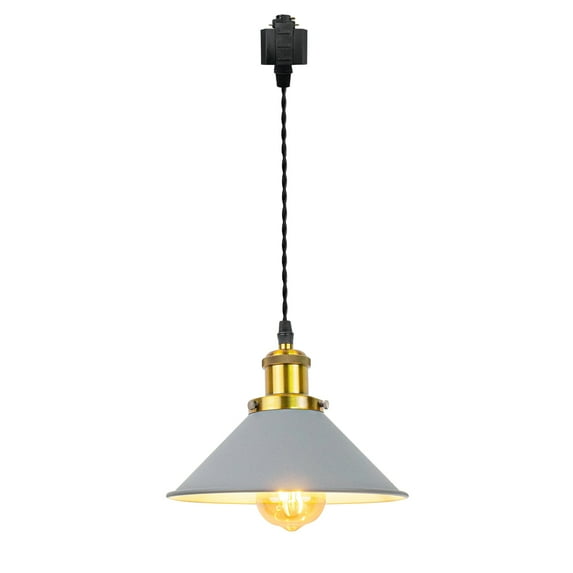 FSLiving H-Type Track Pendant Light with 3.2 ft Cord Antique Brass Socket Vintage Metal Cone Grey Shade Nordic Style Industrial Factory Pendant Lamp Track Lighting for Kitchen Island