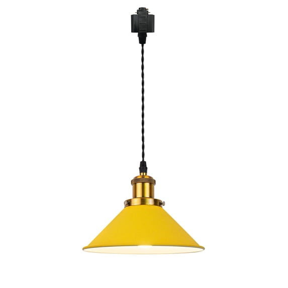 FSLiving H-Type Track Pendant Light with 3.2 ft Cord Antique Brass Socket Vintage Metal Cone Yellow Shade Nordic Style Industrial Factory Pendant Lamp Track Lighting for Kitchen Island