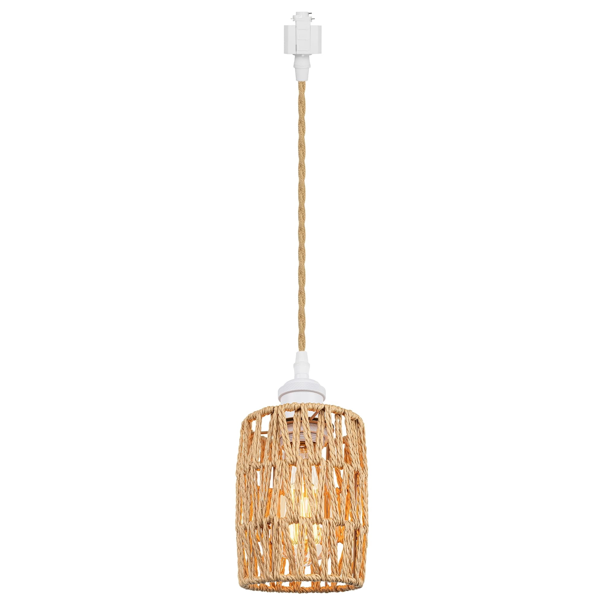FSLiving H-Type Track Pendant Light with 3.2 ft Cord Twine Natural Rattan Shade Nordic Style E26 Socket Track Mount Pendant Lamp Track Lighting for Kitchen Island