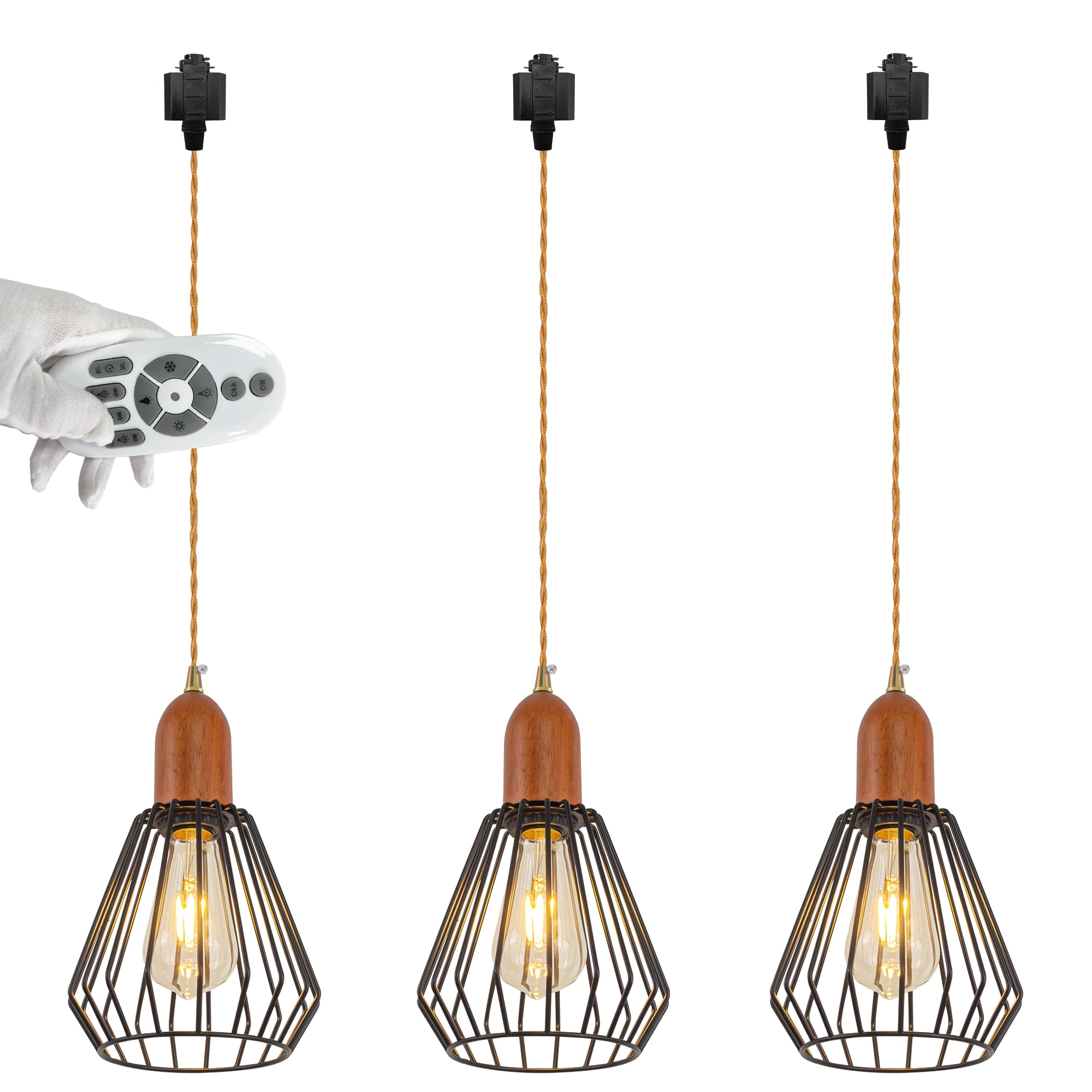 FSLiving H-Type Track Pendant Light with Black Plating Finished Iron Cage Nordic Style Industrial Factory Pendant Lamp Wooden Track Lighting, Smart Edison Bulbs Timer for Kitchen Island - Set of 3
