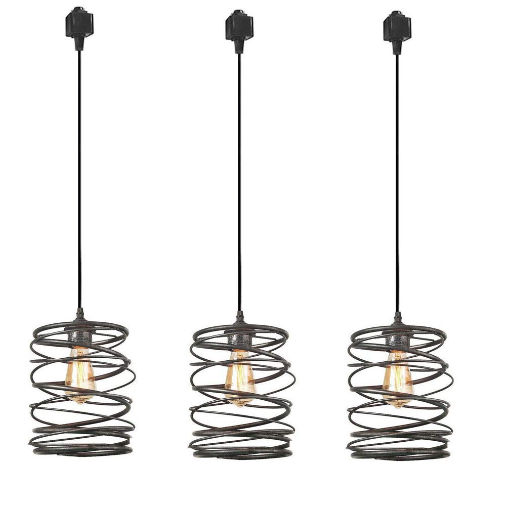 FSLiving H-Type Track Pendant Light Industrial Hanging Lamp Vintage Edison Black Cage Pendant Light Modern Vintage Farmhouse Kitchen Lamp,3-Pack