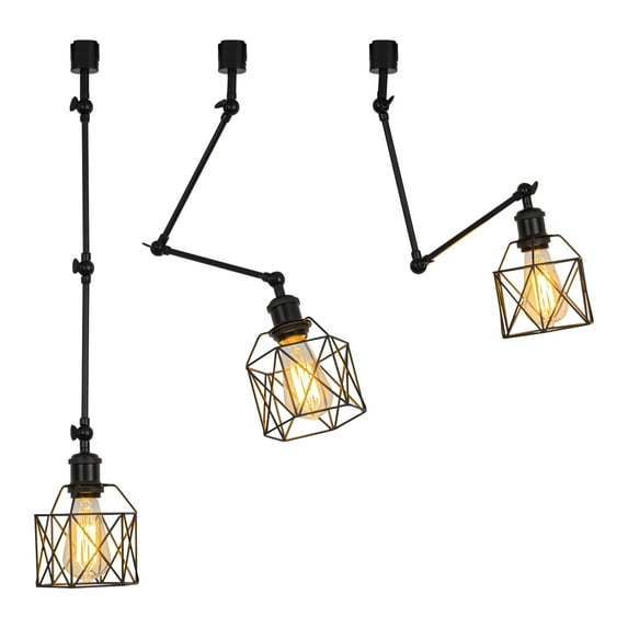 FSLiving H-Type Track Pendant Lights with Adjustable Arm, Vinatge Design Black Hollow Shade DIY Lighting for Farmhouse Sloping Ceiling Decor (Ceiling Track & Bulb are Sold Separately) - Set of 3