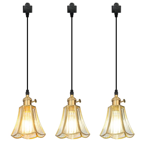 FSLiving Halo Track Lighting Pendants, 3.2 Ft, Dimmable H-Type Track Mount Nordic Retro Modern E26 Socket Water Ripple Filigree Design Clear Glass Cover Chandeliers for Kitchen Island Customizable