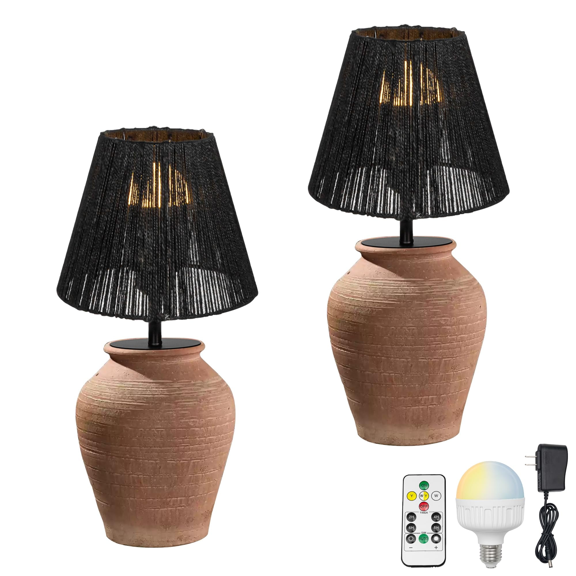 Remote Pots FSLiving Hand-made Brown Clay Pot Natural Rattan Black Cone Shade Table ...