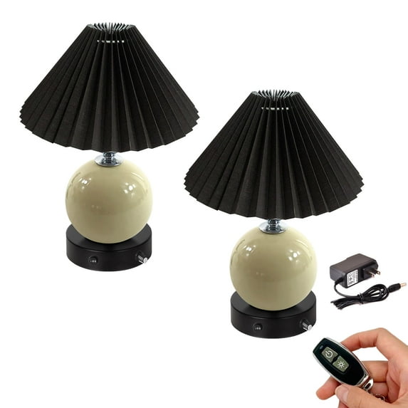 FSLiving Hand-made Cream Clay Pot Black Classic Pleated Lampshade Table Lamp Rechargeable Battery Operated by Remote Control, Dimmable, Wireless Mushroom for Living Room, Console, End Table