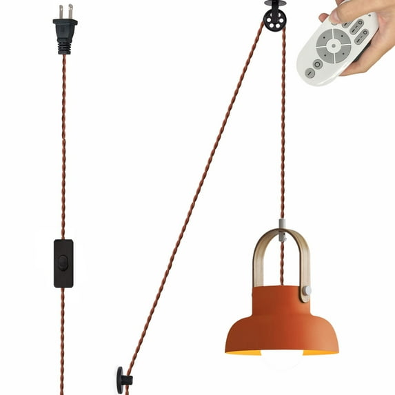 FSLiving Handing Industrial Pulley Design Pendant Lamp with 15ft Plug-in Cord Orange Iron Circular Shade with Wheel,Remote Control Dimmable Color Changing Timing for Sloped Vaulted Ceiling - 1 Light