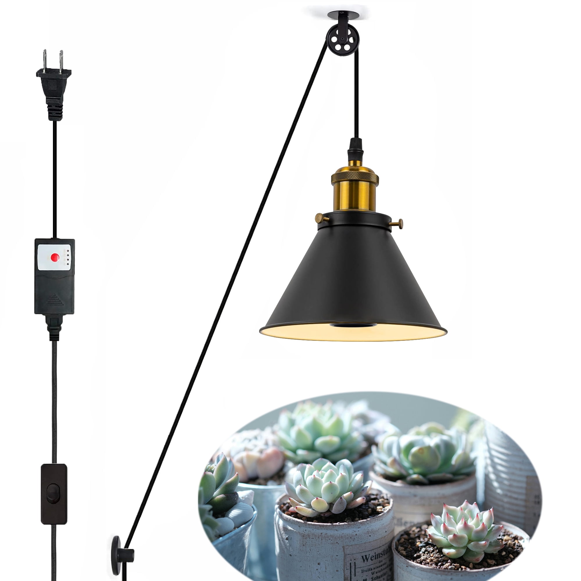 FSLiving Hanging Grow Light for Indoor Plant Full Specturm,15ft Plug in Light with 4500K 10W Focusing Grow Spotlight Bulb,Black Metal Shade with Pulley for Indoor Seed Flower Output - 1 Pack