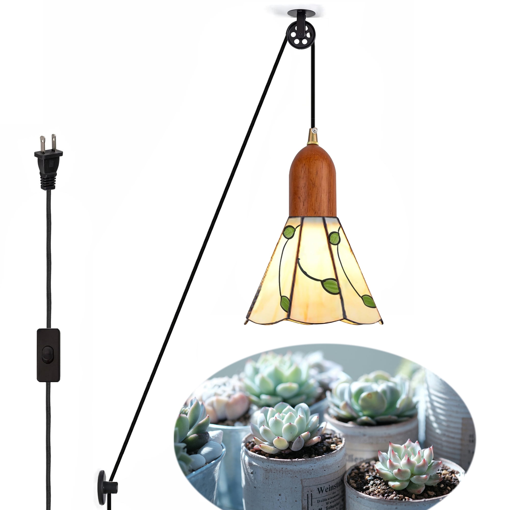 FSLiving Hanging Grow Light for Indoor Plant Full Specturm,Plug in Light with 4500K 10W Focusing Grow Spotlight Bulb,Green Leaves Glass Shade with Pulley for Indoor Seed Flower Output - 1 Pack