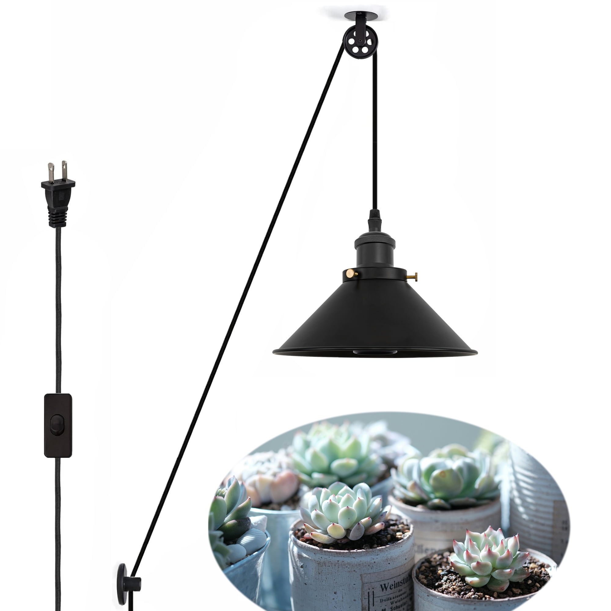 FSLiving Hanging Grow Light for Indoor Plant Full Specturm, Plug in Plant Light with 4500K 10W Focusing Grow Spotlight Bulb, Small Grow Lamp with Pulley for Indoor Seed Plant Flower Output(Black)