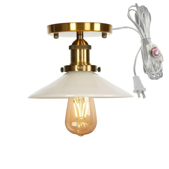 FSLiving Hanging Light with 15ft Plug-in Cord Copper Decorative Plug In Ceiling Light White Glass Shade Fixtures,Nordic Semi Flush Mount Dimmable Pendant Light for Bedroom Hallway - 1 Pack
