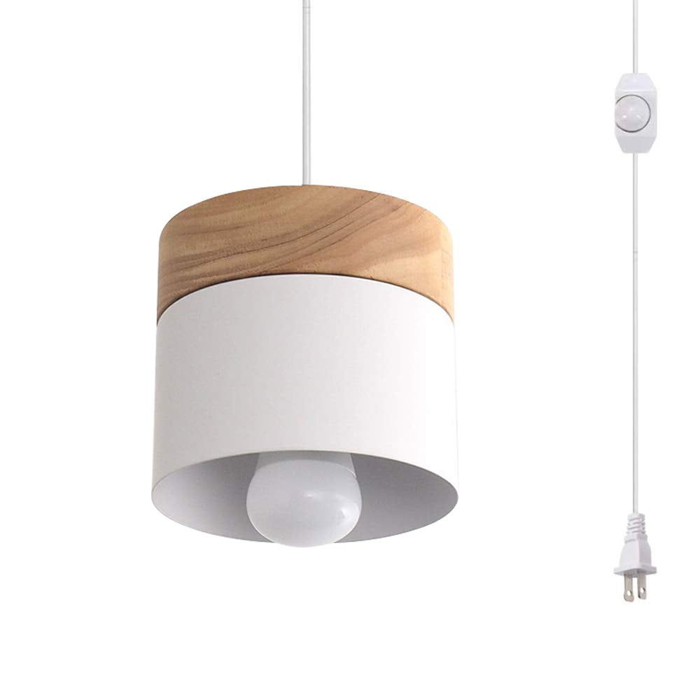 FSLiving Hanging Swag Lamp No Wiring Needed Portable Rubber Wood