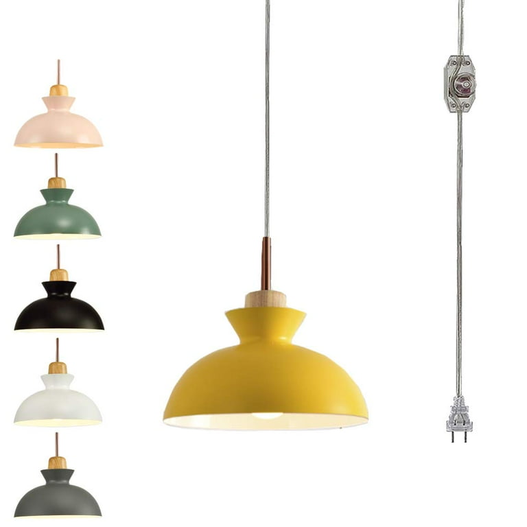 Fsliving Hanging Swag Lamp No Wiring Needed Wooden Handle Pendant Light with UL 15ft Plug in On Off Dimmer Switch Cord Macaron Yellow Lamp Nordic