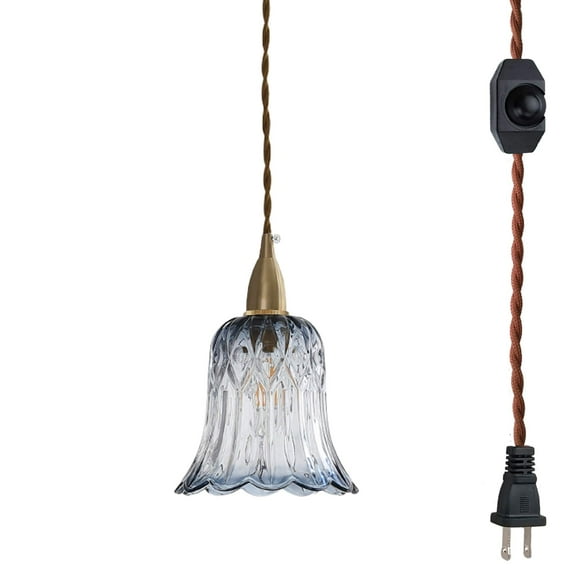 FSLiving Hanging Swag Lamp Pendant Light with 15ft Plug-in UL Dimmable Cord Brass Finished E12 Socket Tiffany Ink Blue Glass Lamp Nordic Industrial Hanging Lamp for Corner Lighting - 1 Light