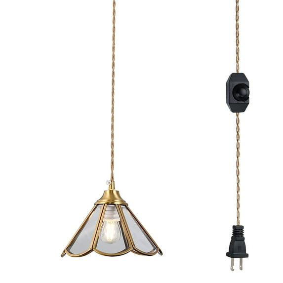 FSLiving Hanging Swag Lamp Pendant Light with 15ft Plug-in UL Dimmable Cord Brass Finished E26 Socket Tiffany Macaron Clear Cone Glass Lamp Nordic Industrial Hanging Lamp,Bulbs Not Included - 1 Pack