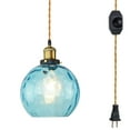 thumbnail image 1 of FSLiving Hanging Swag Lamp no Wiring Needed Portable Pendant Light with 15ft Plug-in Dimmable Gold Braided Cord Sky Blue Glass Lamp E26 Brass Socket Minimalist for Dining Room,Customizable - 1 Light, 1 of 7