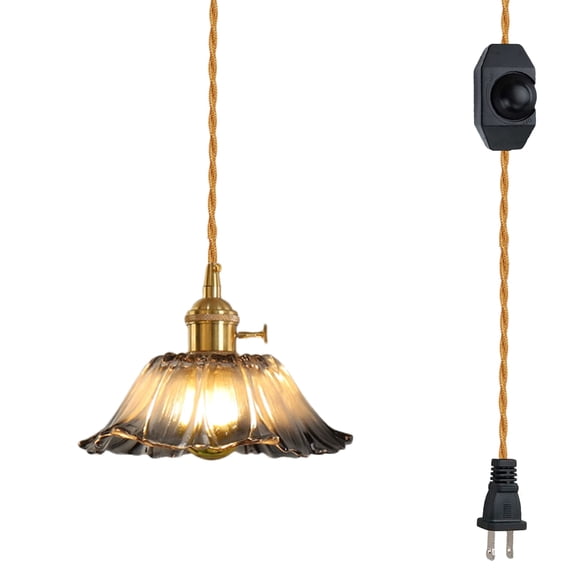 FSLiving Hanging Swag Pendant Light with 15ft Plug-in UL Dimmable Cord Brass Finished E26 Rotary Switch Socket Retro Tiffany Grey Hand-Made Glass Lamp for Bedroom,Bulbs Not Included - 1 Pack