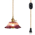 thumbnail image 1 of FSLiving Hanging Swag Pendant Light with 15ft Plug-in UL Dimmable Cord Brass Finished E26 Rotary Switch Socket Retro Tiffany Purple Hand-Made Glass Lamp for Bedroom,Bulbs Not Included - 1 Pack, 1 of 7