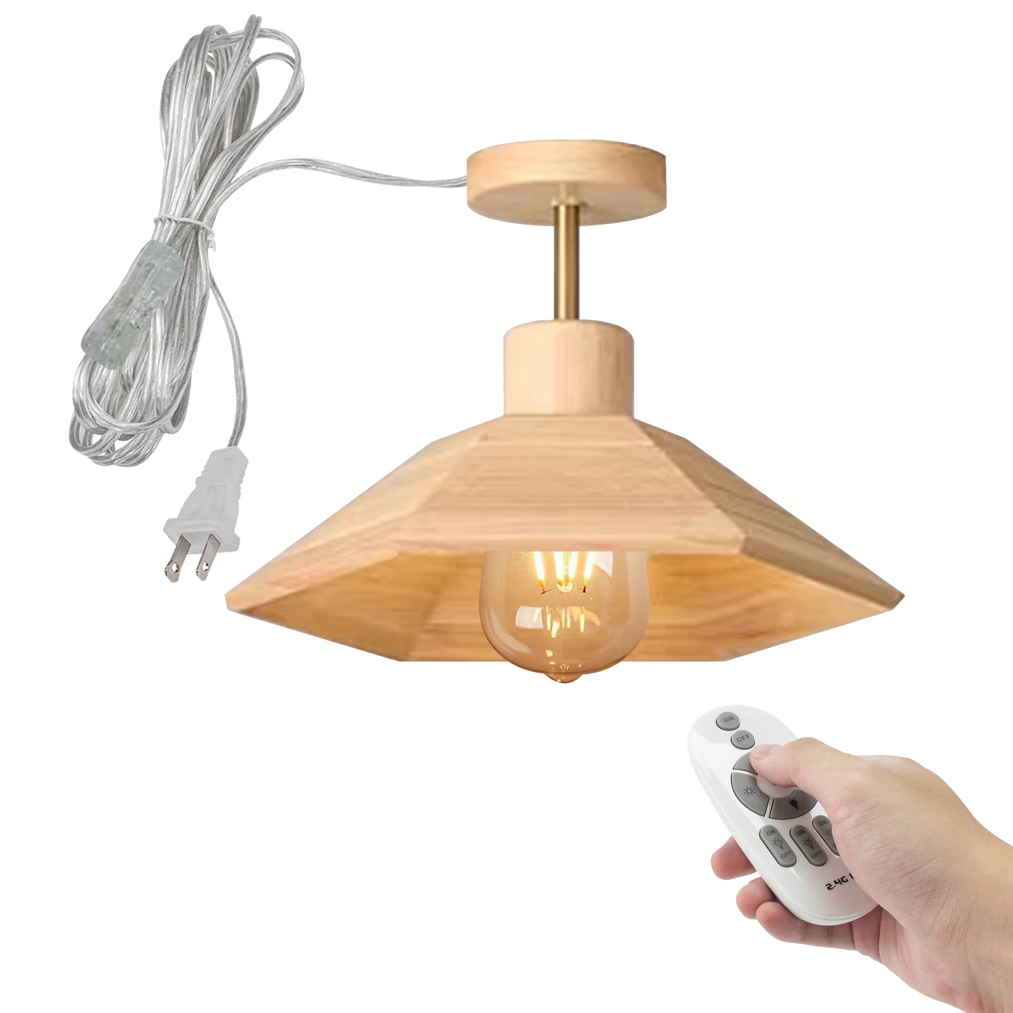 FSLiving Hexagon Shape Cream Wood Hanging Light with 15ft Plug-in Cord Decorative Plug In Ceiling Light Remote Control Fixtures,Industrial Semi Flush Mount for Bedroom Living Room - 1 Pack