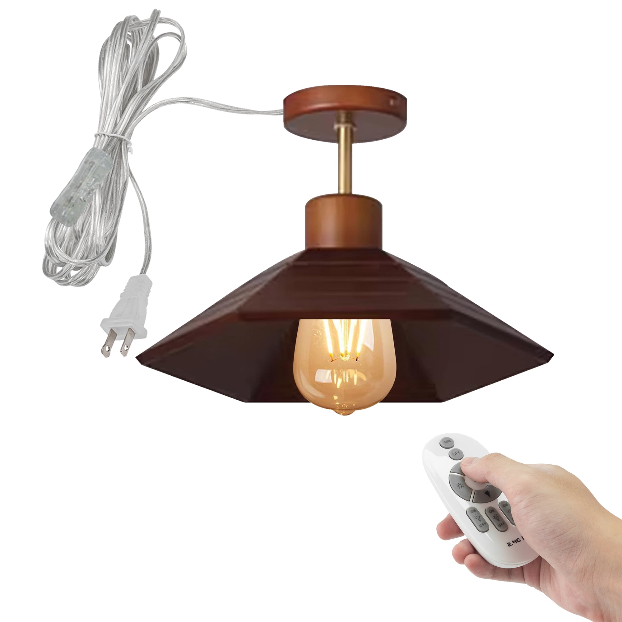FSLiving Hexagon Shape Walnut Wood Hanging Light with 15ft Plug-in Cord Decorative Plug In Ceiling Light Remote Control Fixtures,Industrial Semi Flush Mount for Bedroom Living Room - 1 Pack