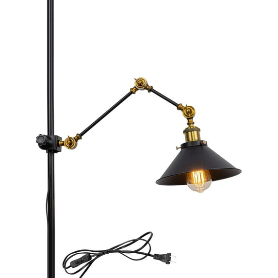 FSLiving High-Quality Metal Fixing to Vertical Attachments Adjustable Lamp Arm Clamp Lamp with 9.8ft Plug-in Button Switch Cord Industrial 8.6" Black Metal Shade,Bulb Sold Separately - 1 Light