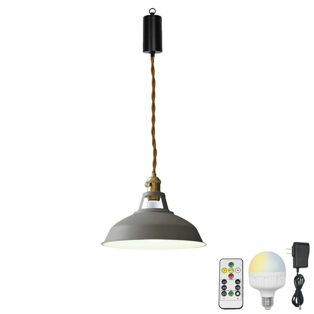 FSLiving Industrial Grey Metal Pendant Light with Rechargeable Battery Operated LED Bulb Adjustable Wire Length Hanging Light RGB Mode Dimmable Timing Lighting Fixtures for Kitchen Factory - 1 Light