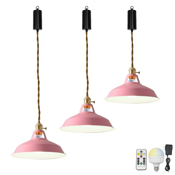 FSLiving Industrial Pink Metal Pendant Light with Rechargeable Battery Operated LED Bulb Adjustable Wire Length Hanging Light RGB Mode Dimmable Timing Lighting Fixtures for Kitchen Factory - Set of 3