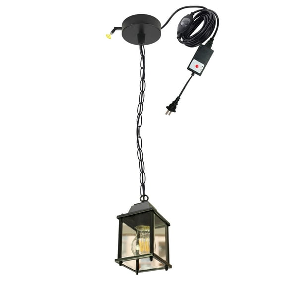 FSLiving Industrial Style AUTO Black Exterior Ceiling Hanging Lantern Outdoor Timer Adjustable Photocell Combo with UL Plug-in Cord Dusk to Dawn Setting for Porch Light Backyard Pathway Farmhouse
