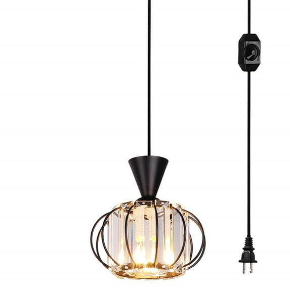 FSLiving Iron Cage Hanging Swag Lamp no Wiring Needed Portable Industrial Vintage Pendant Light with 15ft Plug-in Dimmable Black Cord Crystal Chandeliers E26 Handle Lamp Antique Decorative - 1 Light