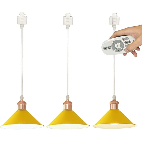FSLiving Iron H-Type Track Pendant Lighting with Cord Total Length 2FT Customizable Yellow Lampshade Remote Control with Dimmable Bulbs Track Mount Pendants for Industrial Style Living Room - Yellow