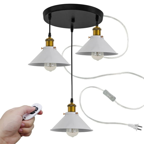 FSLiving Island Chandelier No Wiring Needed Close to Ceiling Lights Fixtures with 3 Pendant Lights with 15ft Plug-in Cord Remote Control Macaron White