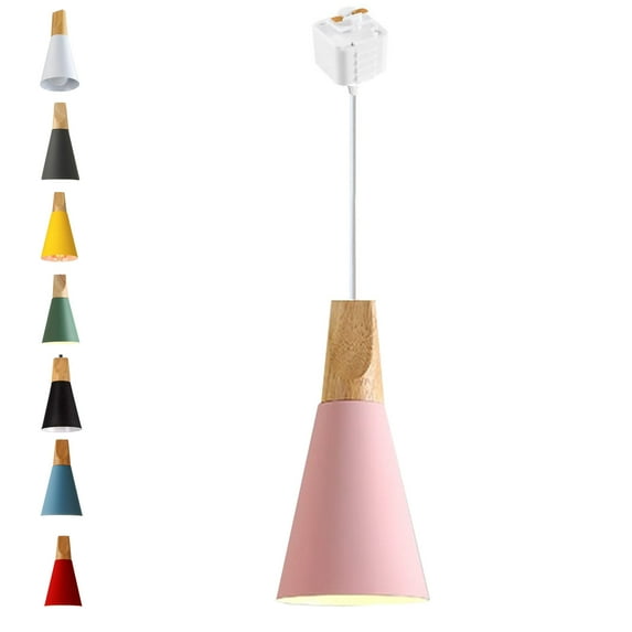 FSLiving J-Style Track Mount Pendant Fixture Scandinavian Style Pendant Lights for Kitchen Hanging Lamp Modern Wood and Aluminium Light Customizable,Pink - 1 Light
