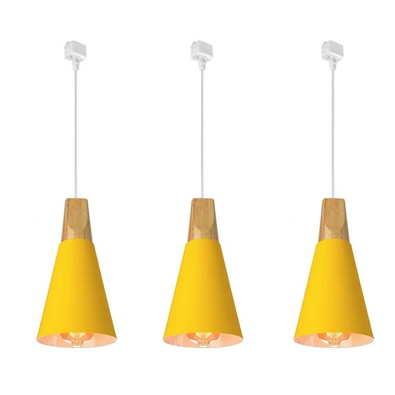 FSLiving J-Style Track Mount Pendant Fixture Scandinavian Style Pendant Lights for Kitchen Hanging Lamp Modern Wood and Aluminium Light Customizable,Yellow - 3 Lights