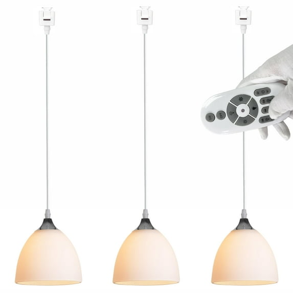 FSLiving J Type Track Lighting Pendants Retro White Glass Cone Shape Shade Remote Control, Dimmable Color Warmth Bulbs Track Mount Decorate for Kitchen Island Customizable, 3.2ft,(Chrome)