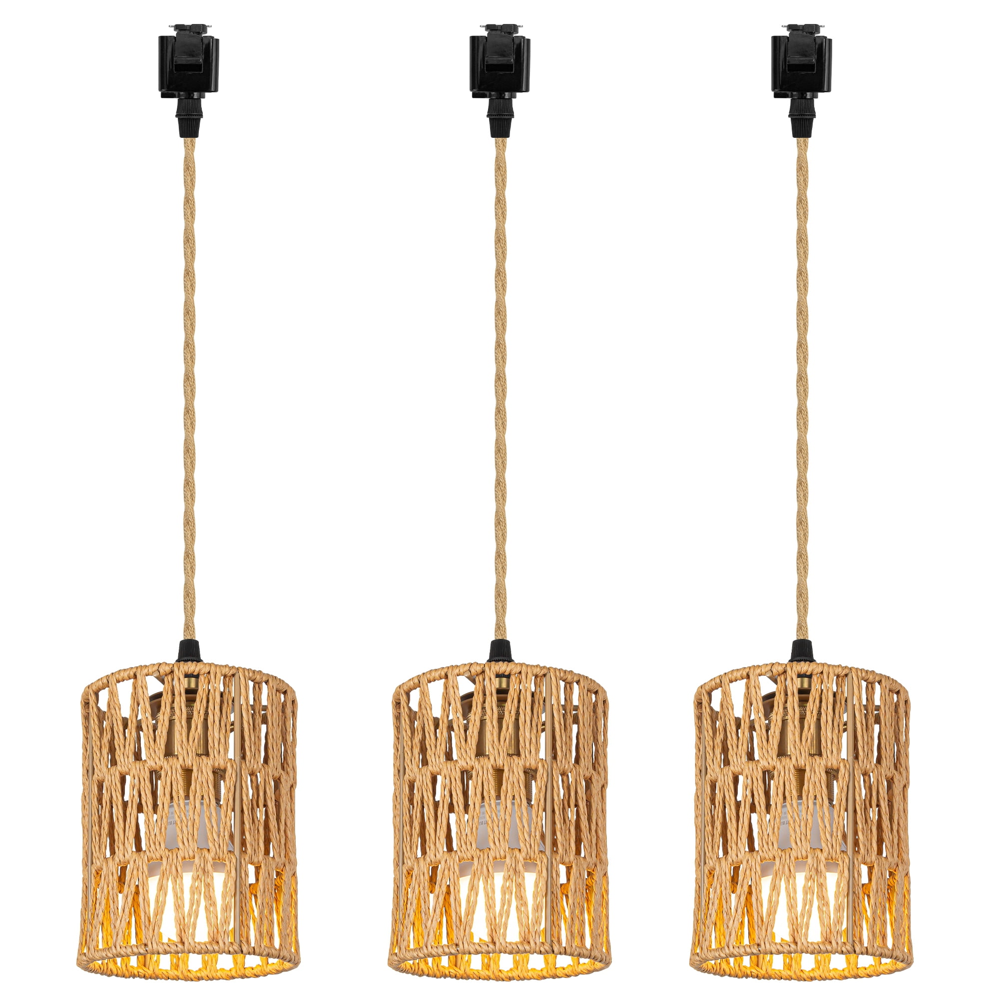 FSLiving J Type Track Lighting Pendants Twine Natural Rattan Shade Modern Vintage Style, Dimmable E26 Socket Track Mount Pendant Lights Decorate for Kitchen Island Customizable 3.2ft - Set of 3