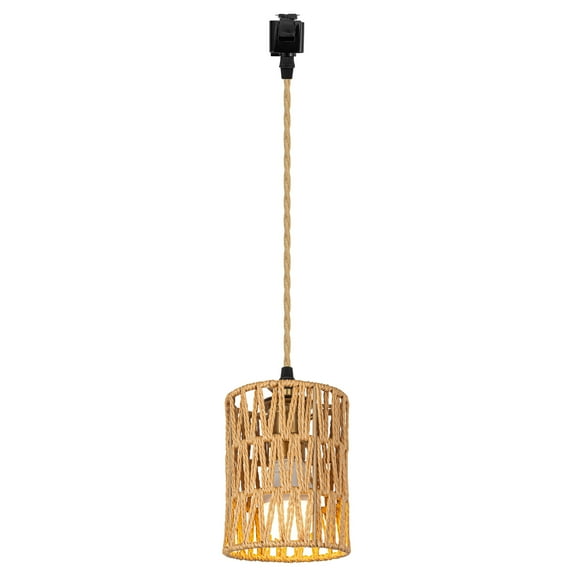FSLiving J Type Track Lighting Pendants Twine Natural Rattan Shade Modern Vintage Style, Dimmable E26 Socket Track Mount Pendant Lights Decorate for Kitchen Island Customizable 3.2ft - 1 Light
