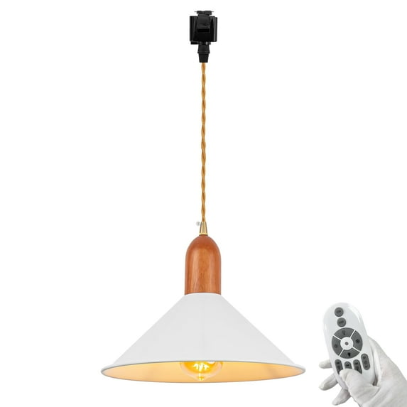 FSLiving J-Type Track Pendant Light Macaron White Iron Cone Shade Nordic Style Industrial Factory Pendant Track Lighting with Smart Edison Bulbs Timer for Kitchen Living Room,3.2ft,(Walnut Wood)