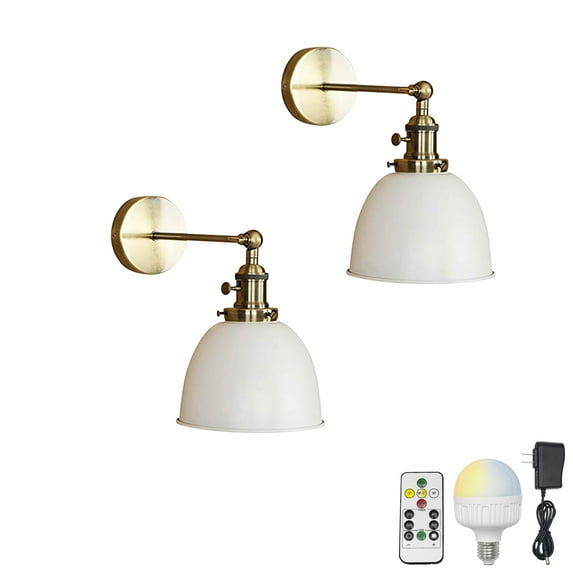 FSLiving Loft Style Antique Wall Mounted Lamp Rechargeable Battery Run Remote Control Color Changing RGB Mode Adjustable Lamps White Metal Vintage Lighting Fixture for Bedroom - Set of 2