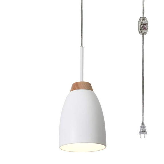 FSLiving Loft Style White Pendant Light with 15ft Plug-in UL On/Off Dimmer Switch Cord E26 Pendant Lamp for Bedroom Corner Lighting, Bulbs Not Included - 1 Light