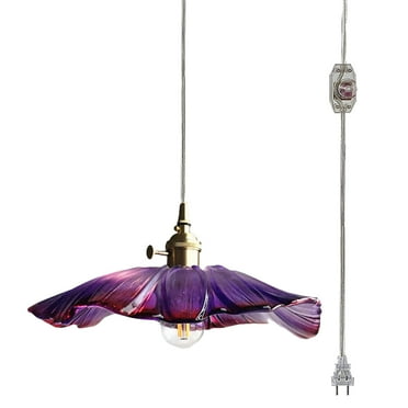 FSLiving Lotus Shaped Purple Glass Plug in Pendant Lighting with 15ft Dimmer Switch Cord Copper Lamp Holder Ceiling Lamp E26 Chandelier for Bedroom Background Wall,Bulbs Not Included - 1 Pack