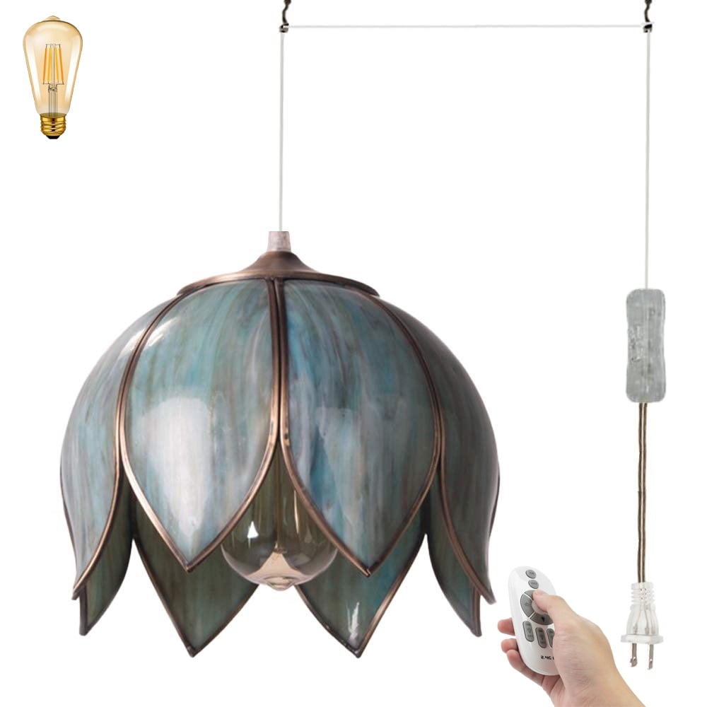 FSLiving Lotus Swag Pendant Light Remote Control Tiffany Style Handle Pendant Light with 20ft