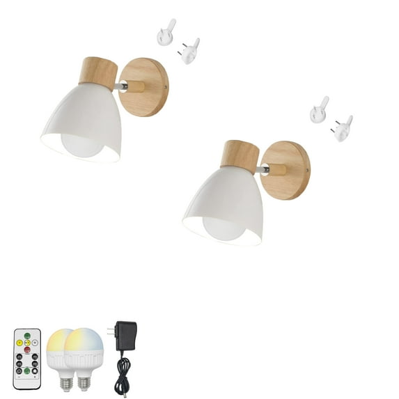 FSLiving Macaron White Metal and Wooden Wall Sconces with Rechargeable Battery Operated LED Bulb Adjustable Angle Remote Control RGB Mode & Dimming & Timing Lamp for Nightstand Staircase - Set of 2