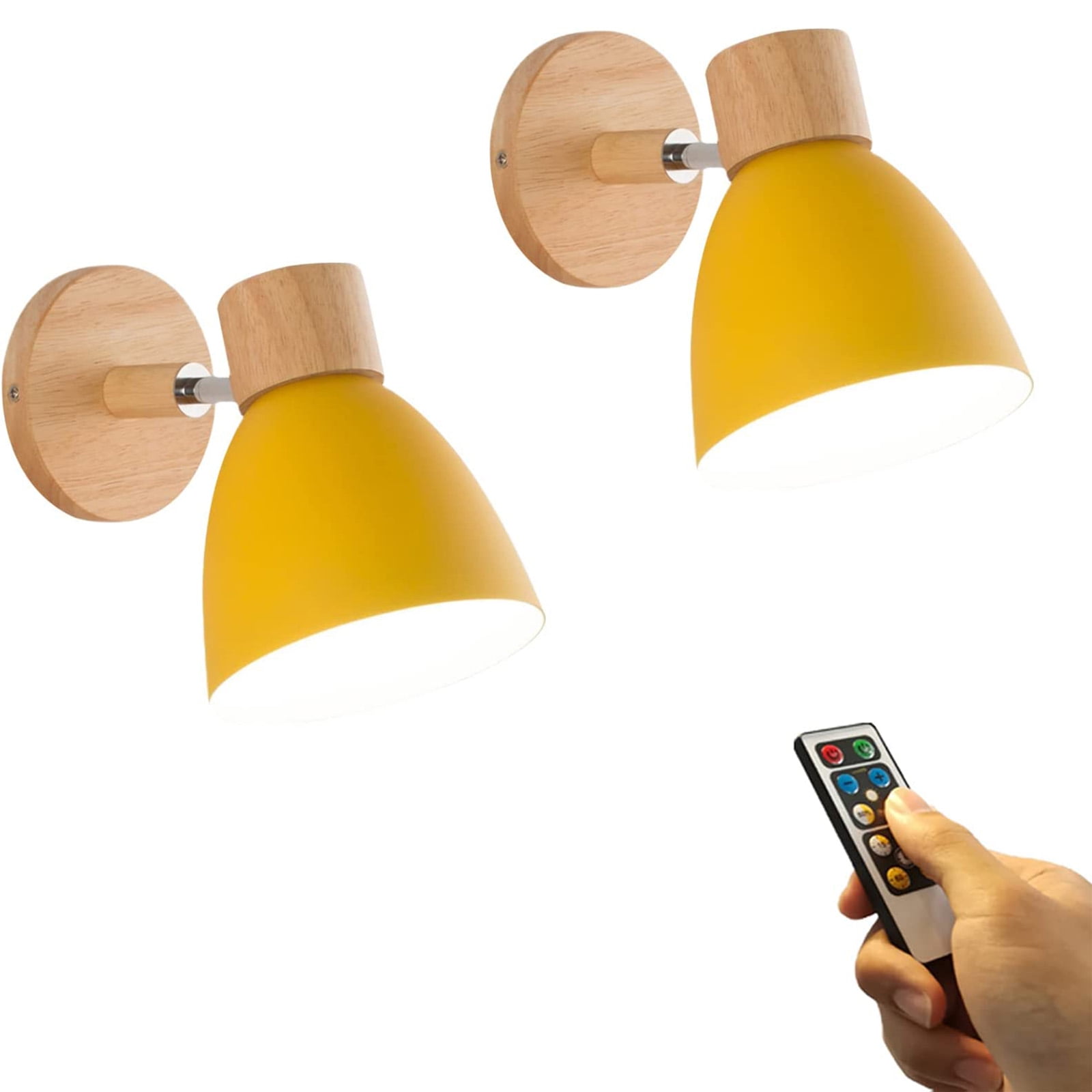 FSLiving Metal Wood Mini Yellow Wall Light Battery Run 55 Lumens LED Remote  Control Dimmable Timing No Wire Wall Sconce Modern Style for Children Room
