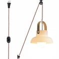 thumbnail image 1 of FSLiving Milky Glass Wooden Handle Pendant Lighting Swag with Industrial Pulley Design 15ft Plug-in Dimmer Switch Cord with Wheel Square Shade Loft Style for Sloped Vaulted Ceiling - 1 Light, 1 of 8