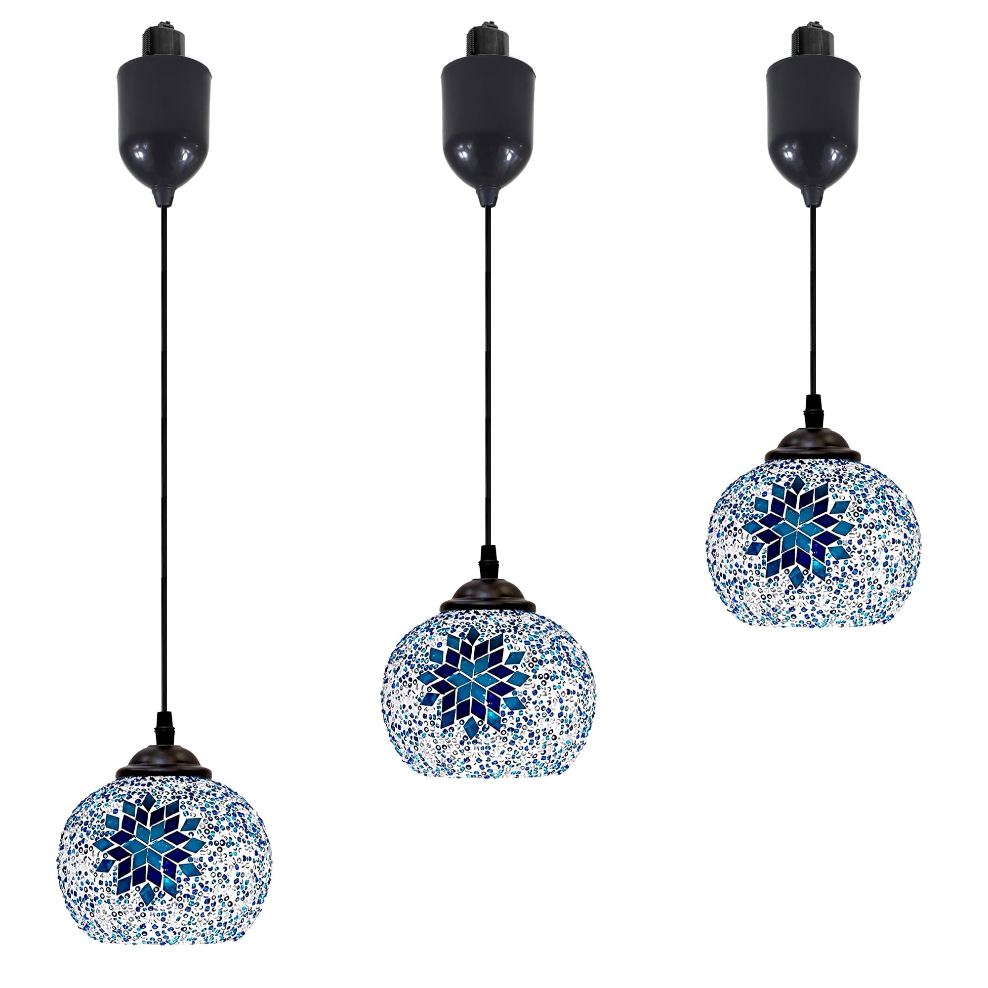 FSLiving Mini Adjustable Hanging Height Halo Track Lighting Pendants, 4 Ft Cord, H-Type Track Handblown Stained Blue Art Glass, E26 Socket Track Mount for Kitchen Island Sloped Vaulted Ceiling