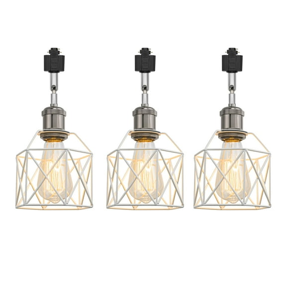 FSLiving Modern Design Adjusted Angle J-Type Track Head Lighting E26 Black Pearl Base Hollow White Metal Cage Pendant Light Fixture for Bar Sink Kitchen Gallery Office (No Bulb & Track) - 1 Pack