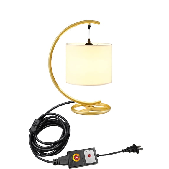 FSLiving Modern Table Lamp with Timer Plug in Cord Bedside Lamp for Bedroom Decor Nightstand Lamp with Fabric Shade for Living Room,Dorm,Home Office (White & Gold) - 1 Pack