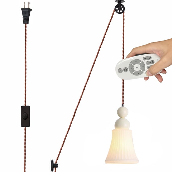 FSLiving No Wiring Needed Smart Group Control, Stepless Dimming Handle Pendant Light Retro Milky Glass House Trumpet Metal,Industrial Pulley Design Plug-in Cord with Wheel for Sloped Ceiling - 1 Light